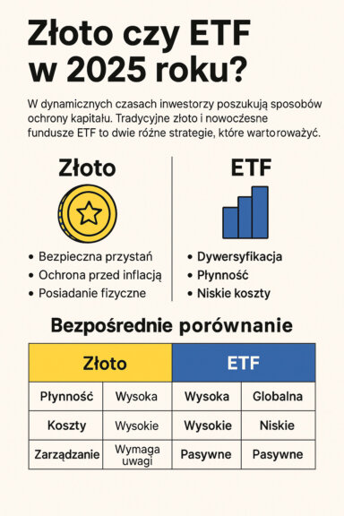 Infografika porównująca inwestowanie w złoto fizyczne i fundusze ETF w 2025 roku. Przedstawia różnice w zakresie bezpieczeństwa, płynności, kosztów i potencjalnych zysków. Złoto ukazane jest jako „bezpieczna przystań” chroniąca przed inflacją, natomiast ETF-y jako nowoczesna, tania forma inwestowania z wysoką dywersyfikacją. Projekt w tonacjach złota i błękitu, z ikonami finansowymi symbolizującymi stabilność i wzrost.